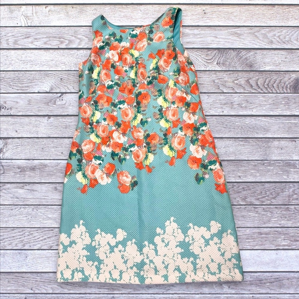 Donna Ricco Teal Floral A-Line Dress with Coral Accents 8